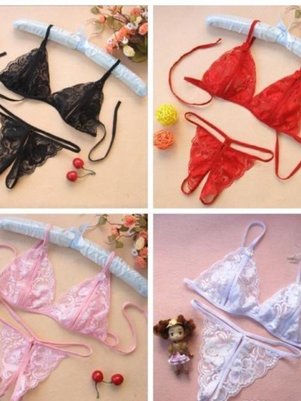 SET OF 4    2 Piece Bra Panty Set Sexy G String Open Crotch BLACK,RED,PINK,WHITE